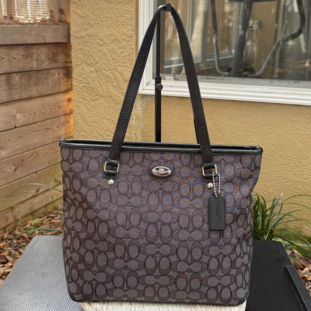 Coach Signature Monogram Jacquard Canvas Leather Zip Top Tote Black Work Casual